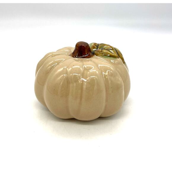 Greenbrier International Cream Ceramic Pumpkin Fall Autumn Thanksgiving 3"x2.25" - Picture 2 of 4